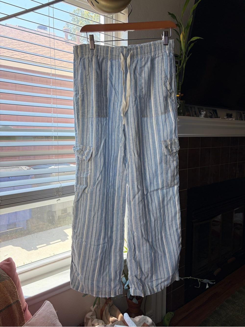 Roxy Blue and White Striped Drawstring Wide-Leg Pants